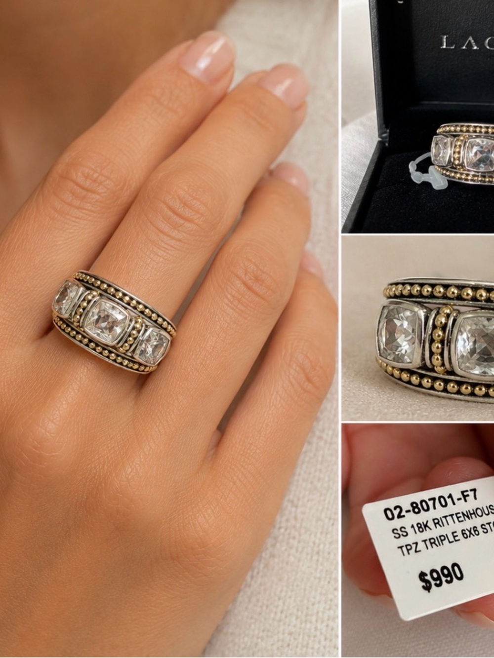 Lagos Caviar Sterling Silver & 18K Gold Triple White Topaz Ring Size 6.5 NWT